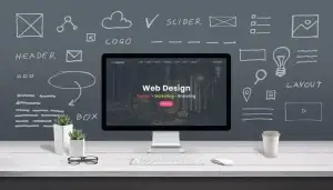 Webdesign-Desktop mit digitaler Marketing-Skizze im Hintergrund.