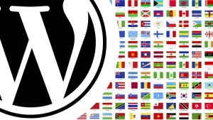 WordPress-Logo neben Ländernationalflaggen.